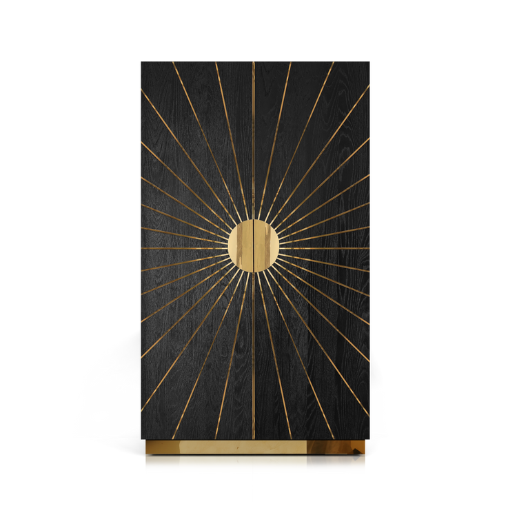 Decorative cabinet with gold sunburst pattern on a black background