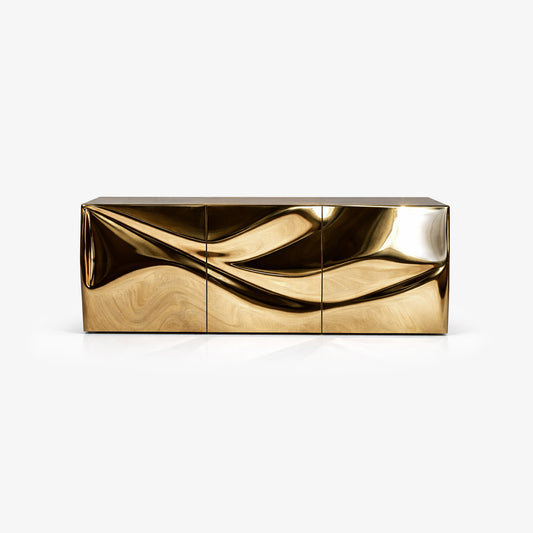 Radiance sideboard in gold-plated stainless steel with sculptural organic front and black ash veneer interior.