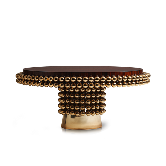 Luxury round dining table with polished gold sphere base and wood veneer top