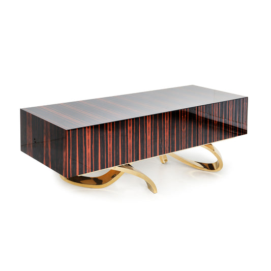 Luxury ebony sideboard with curved copper-plated steel base and soft-close doors