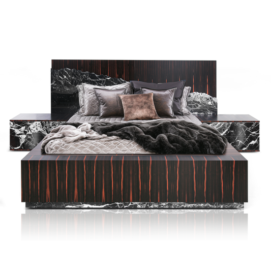 Contemporary designer bed inspired by Icelandic nature and European craftsmanship.