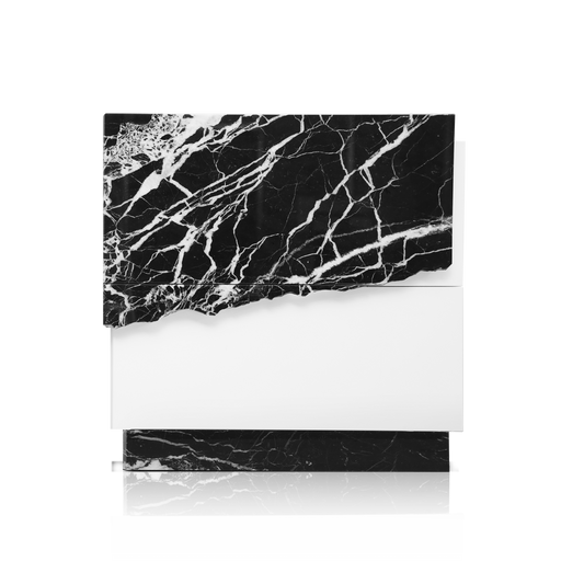 Live edge marble detail on modern nightstand drawer front