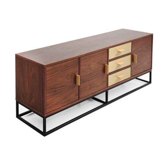 Scandinavian modern walnut sideboard with brass drawers and black steel base