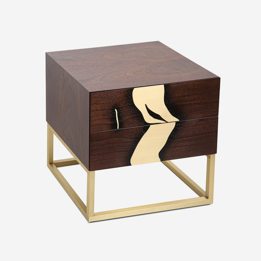 Luxury walnut nightstand with Art Deco brass detail inspired by Icelandic river Laxá