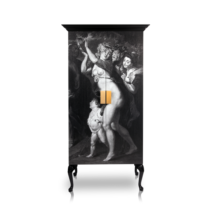 Artistic furniture piece inspired by Silenus mythology and European heritage.