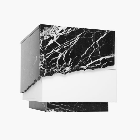 Live edge marble detail on modern nightstand drawer front