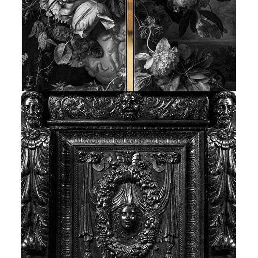 Luxury black drink cabinet with Renaissance-inspired carving and polished brass details.