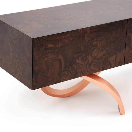 Wooden desk with a unique leg design on a white background