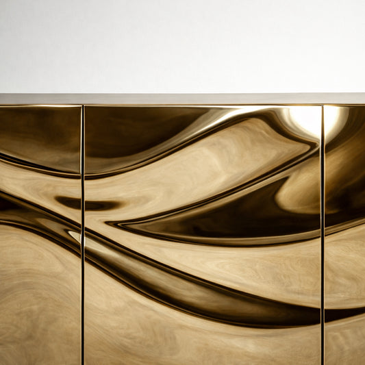 Close-up detail of Radiance cabinet doors showing polished gold finish and fluid reflective surface.