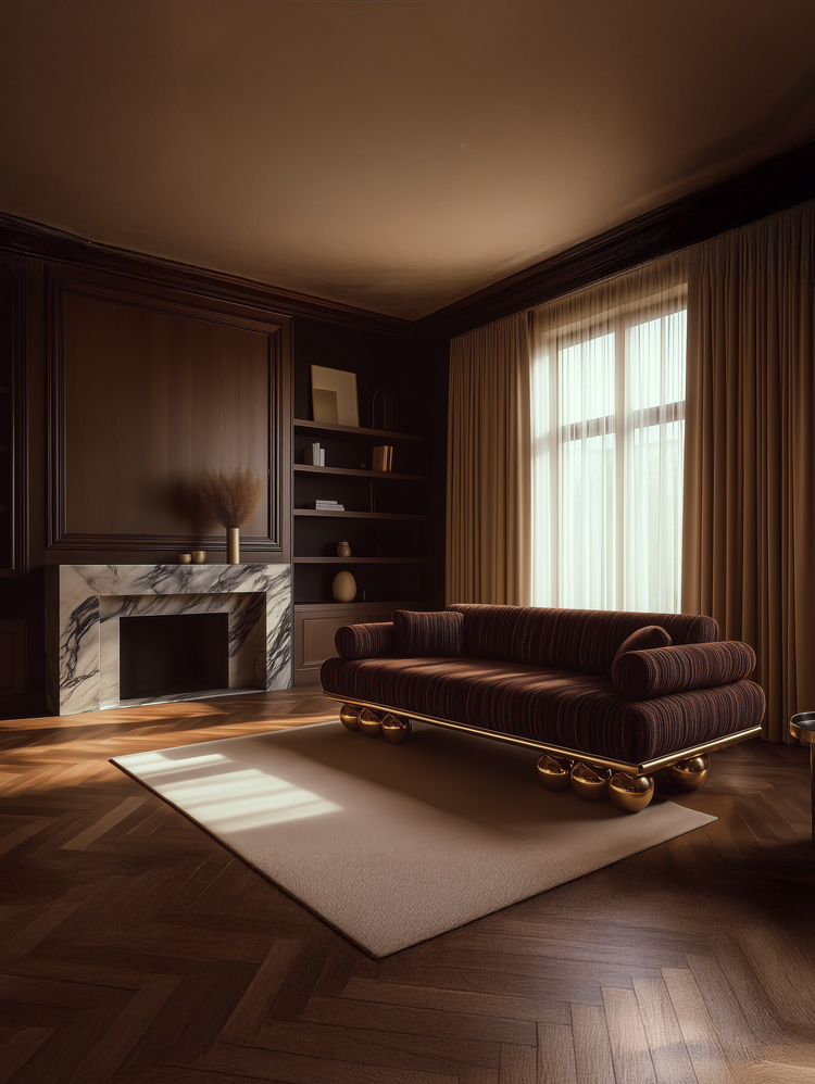 Luxury sofa in woven bronze fabric from Hekla Property’s Lustra Collection.