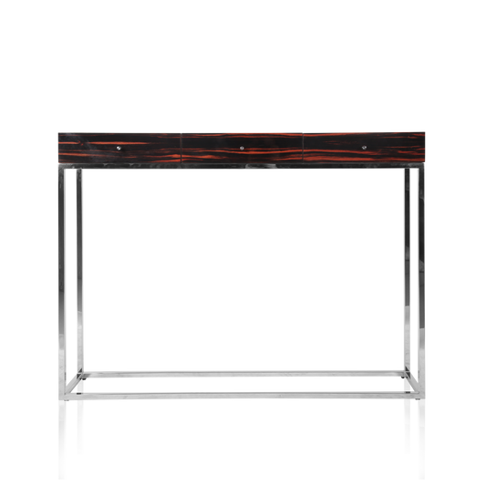 Astra console table in high-gloss Macassar ebony with polished stainless-steel frame.