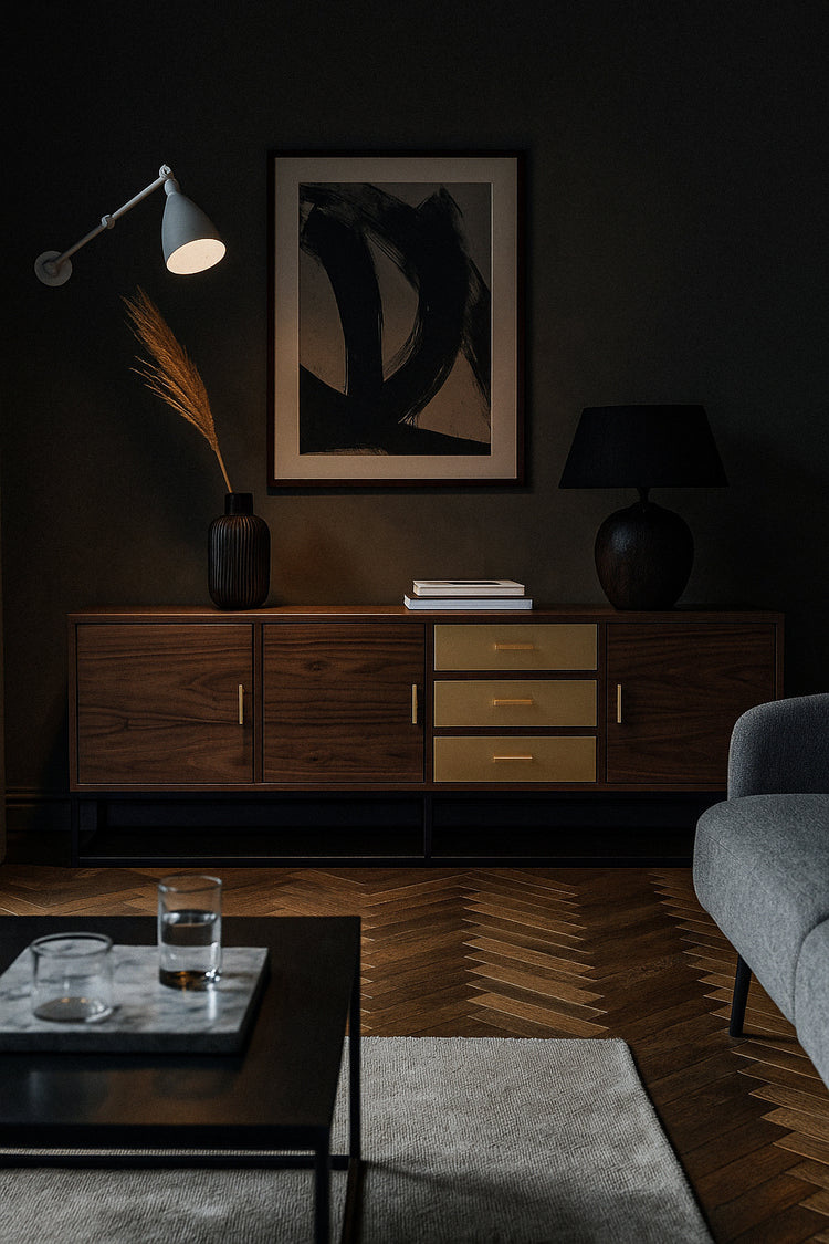 Minimalist brass and walnut living room sideboard