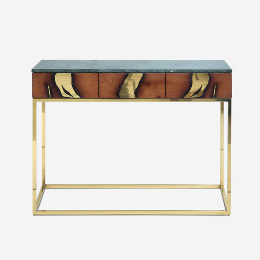 Laxa Console Table in oak veneer with polished brass inlays and Verde Alpi marble top by Hekla Property.