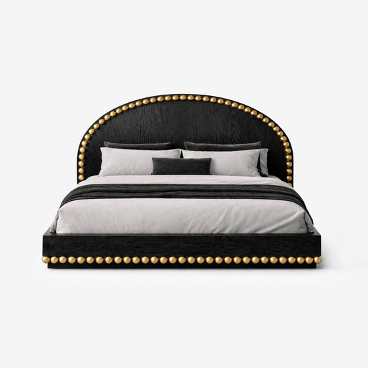 Lustra Bed in black ash veneer with polished brass sphere detailing