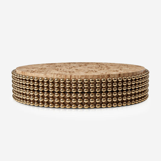 Lustra coffee table with gold sphere base and poplar burl veneer top, designed by Railis Kotlevs
