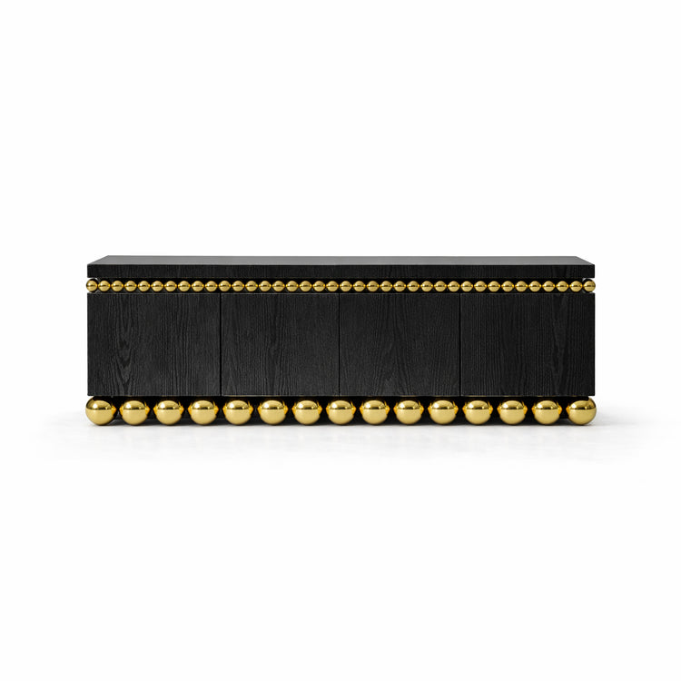 Lustra Sideboard in black ash veneer with gold-plated stainless steel spheres.