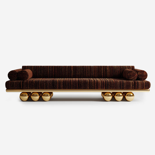 Lustra Sofa front view with gold-plated spherical base and bronze fabric.