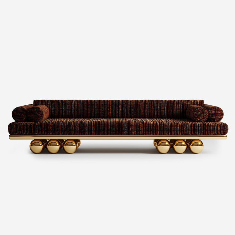 Lustra Sofa front view with gold-plated spherical base and bronze fabric.