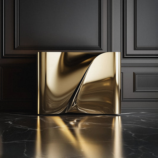 Contemporary gold console table with sculptural design and reflective metallic surface.