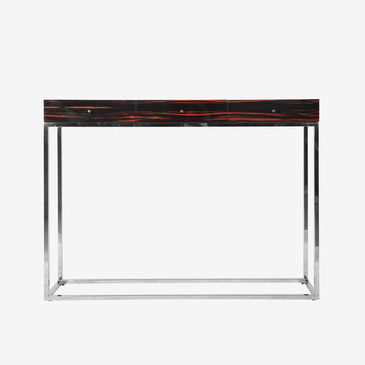 Console table with a dark wood finish and metal frame on a white background