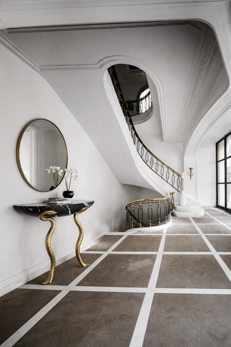 Elegant interior with a console table, mirror, and staircase in a stylish home.