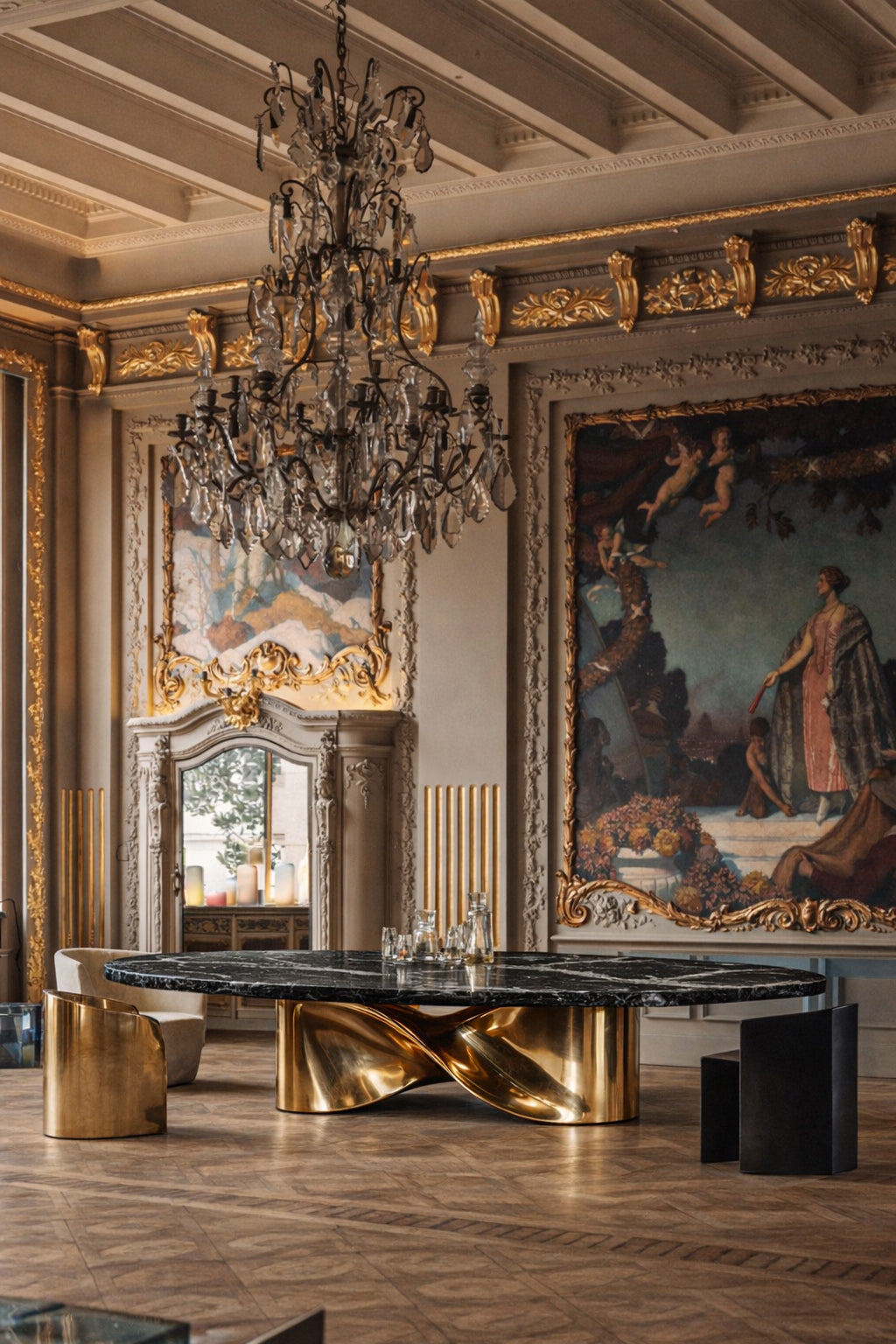 Radiance dining table by Railis featuring oval Nero Marquina marble top and twisted gold base.