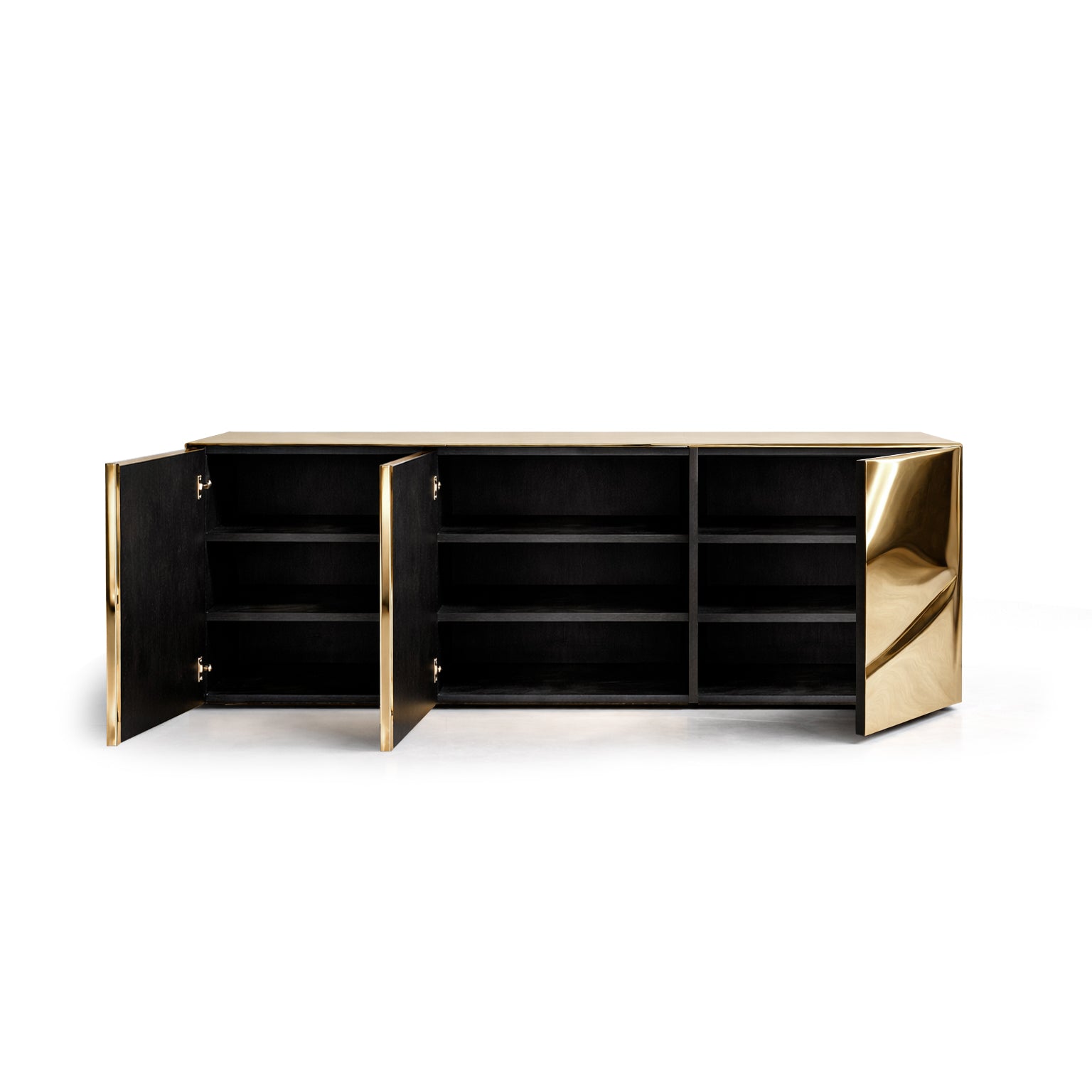 Interior view of Radiance sideboard featuring adjustable shelves in matte black ash veneer.