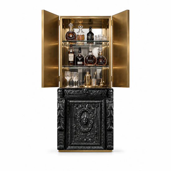 Hand-carved black wood drinks cabinet with sculptural Baroque-inspired details.