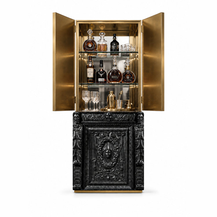 Hand-carved black wood drinks cabinet with sculptural Baroque-inspired details.