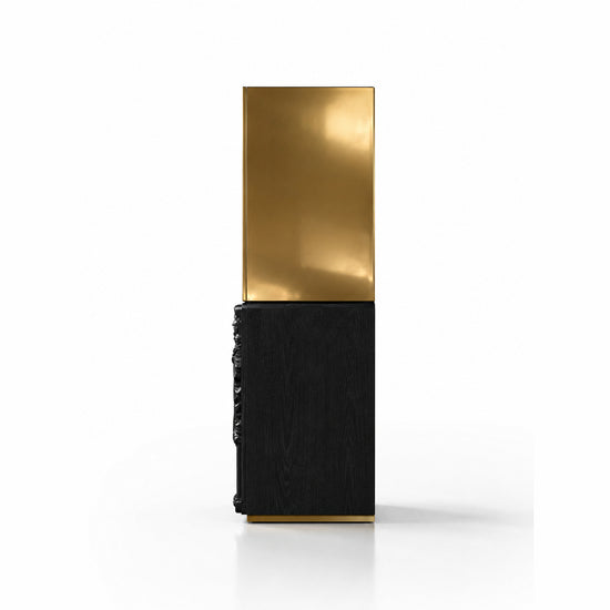 Silenus cabinet combining modern brass panels with traditional European wood carving.
