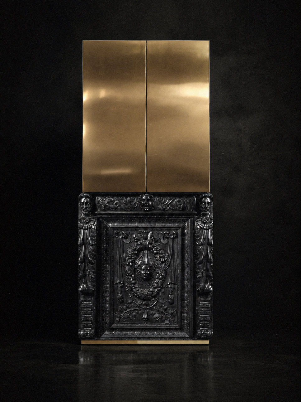 Silenus drinks cabinet, a handcrafted statement piece blending old-world carving with modern metalwork.