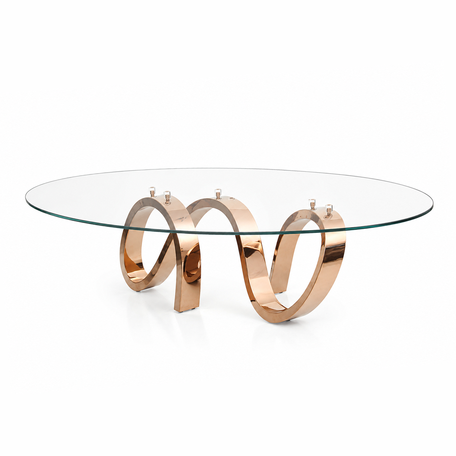 Apate Coffee Table with oval tempered glass top and sculptural copper-plated stainless steel base.