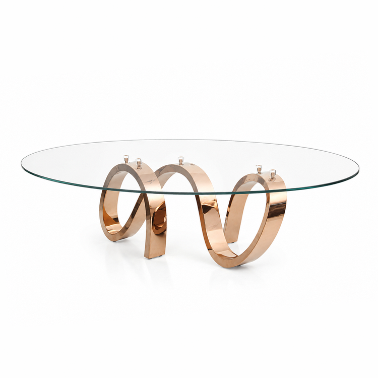 Apate Coffee Table with oval tempered glass top and sculptural copper-plated stainless steel base.