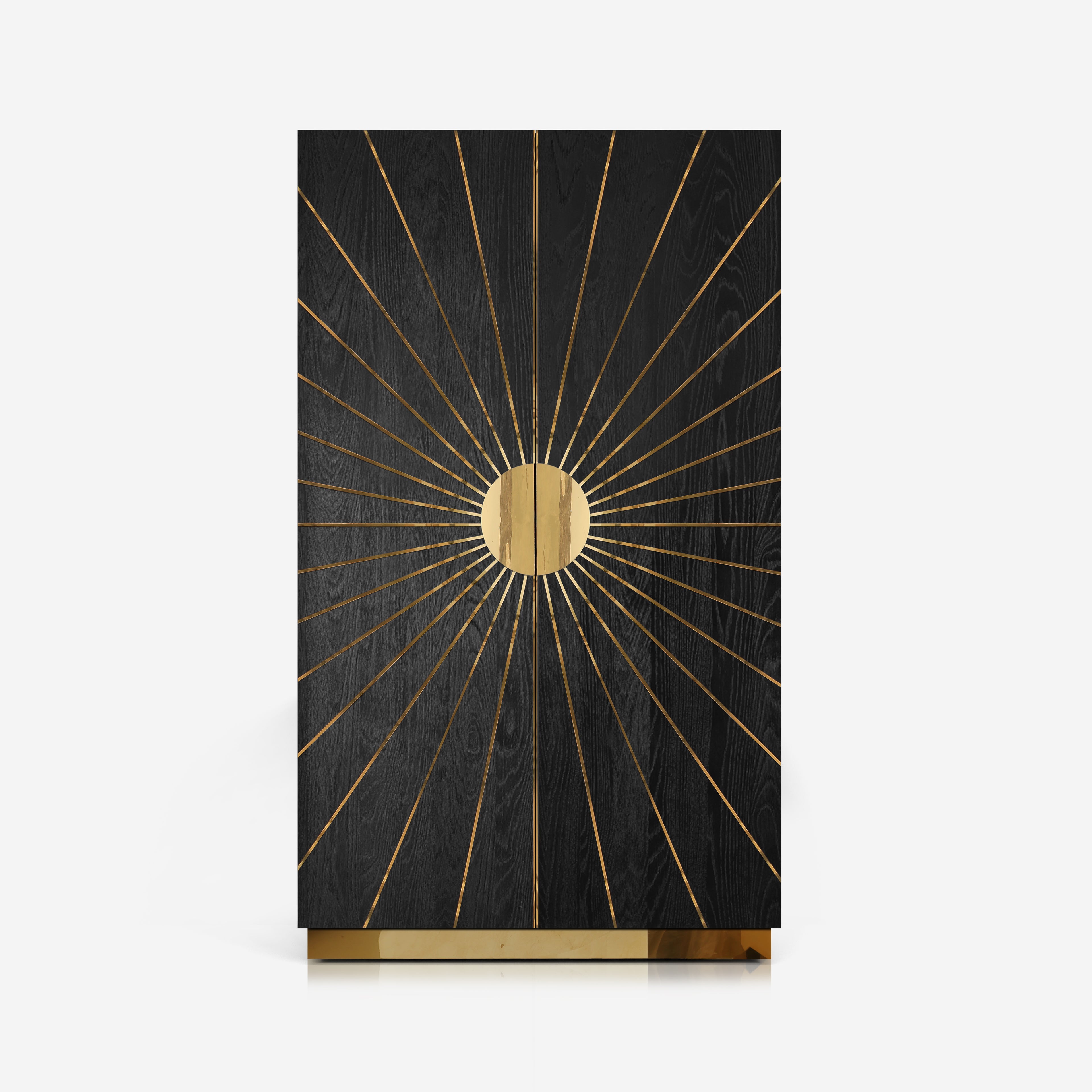 Astor Wardrobe in black ash veneer with polished brass sunburst inlays.