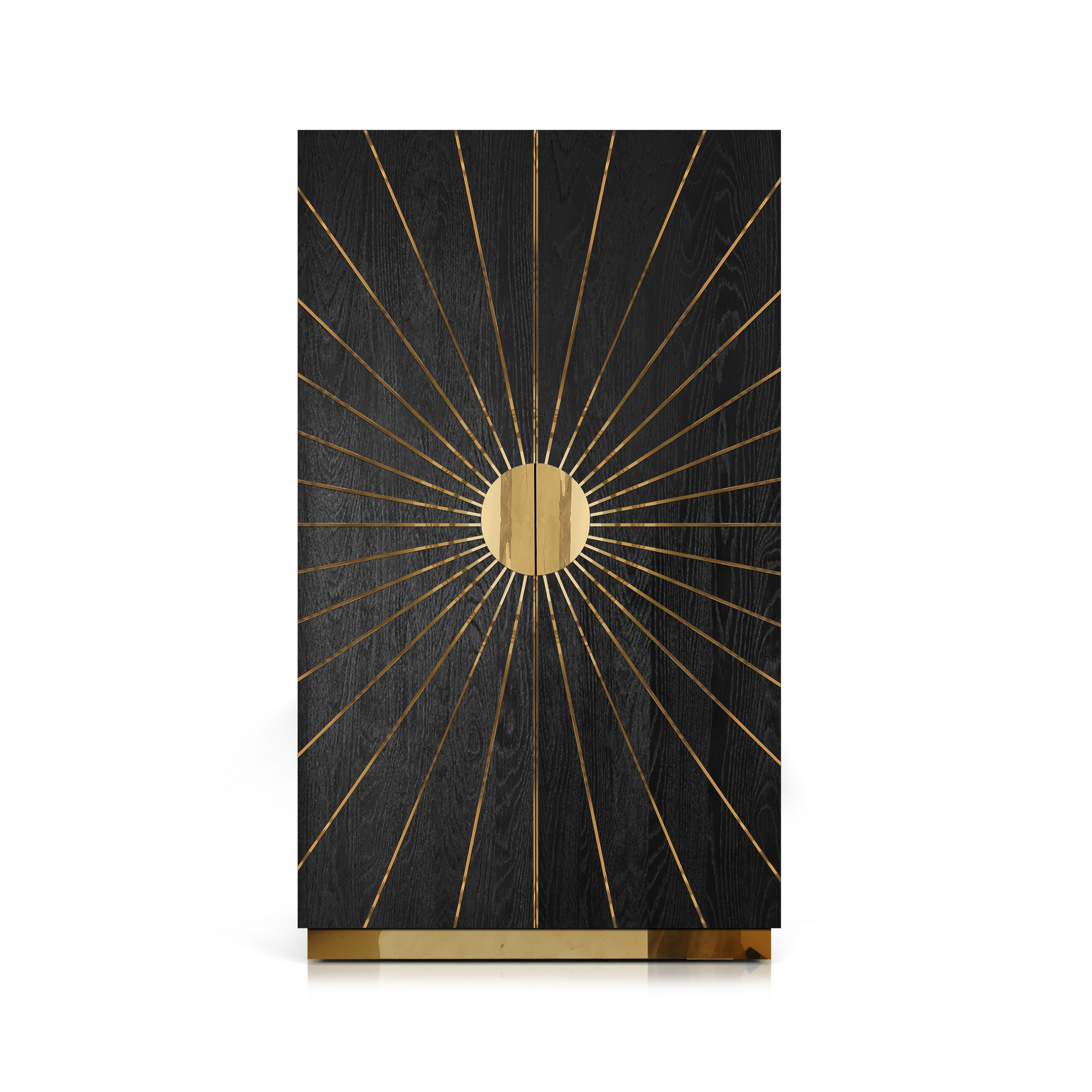 Decorative cabinet with gold sunburst pattern on a black background