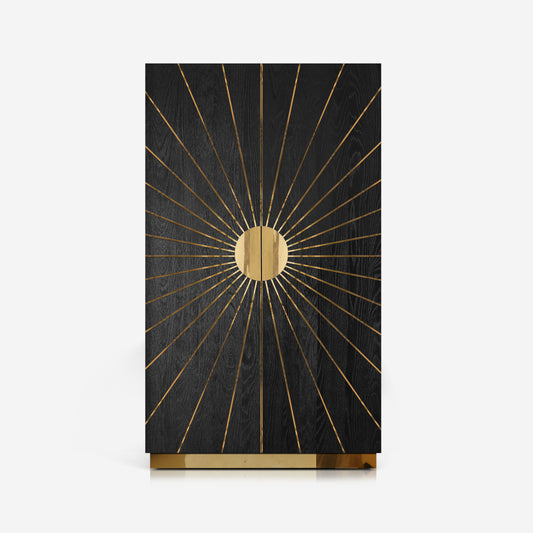 Astor Wardrobe in black ash veneer with polished brass sunburst inlays.