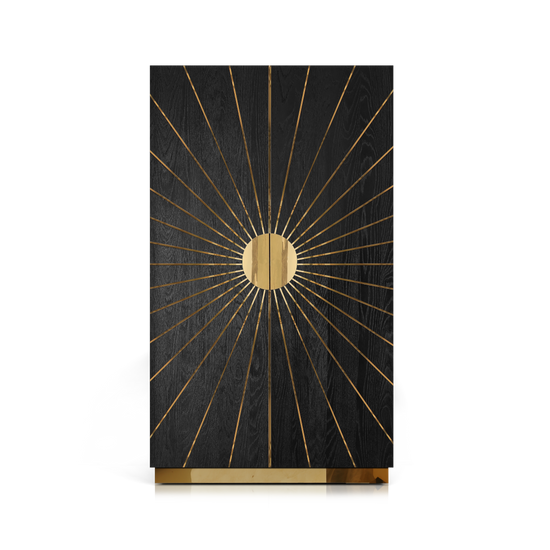 Decorative cabinet with gold sunburst pattern on a black background