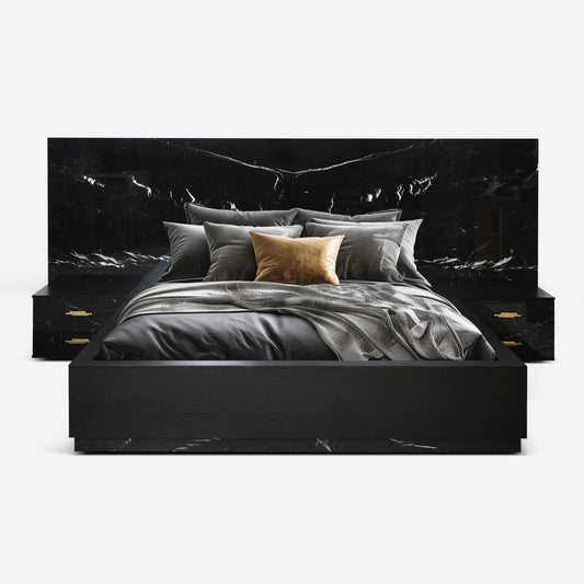 Dettifoss Bed in Black Nero Marquina marble with integrated nightstands by Hekla Property.