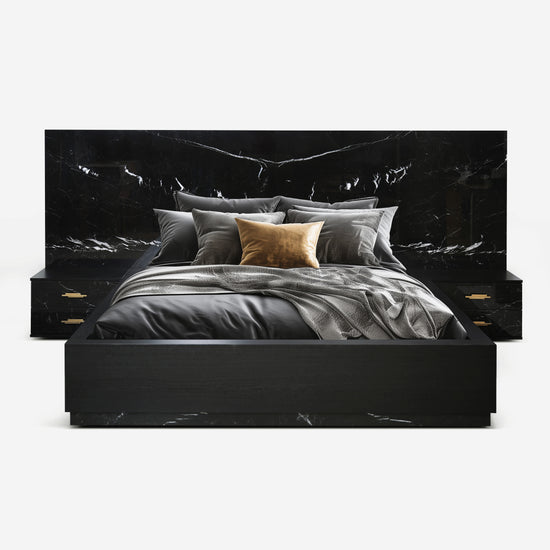Dettifoss Bed in Black Nero Marquina marble with integrated nightstands by Hekla Property.