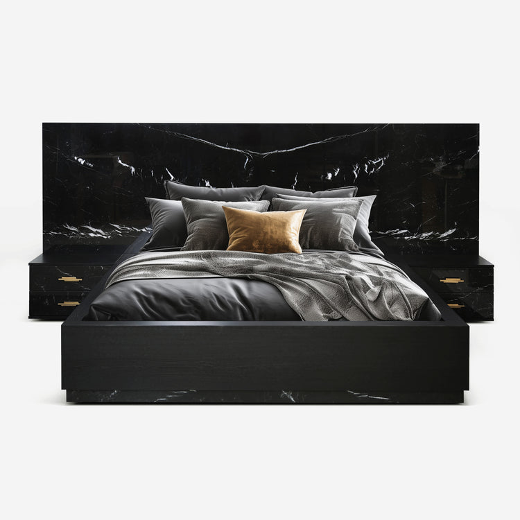 Dettifoss Bed in Black Nero Marquina marble with integrated nightstands by Hekla Property.