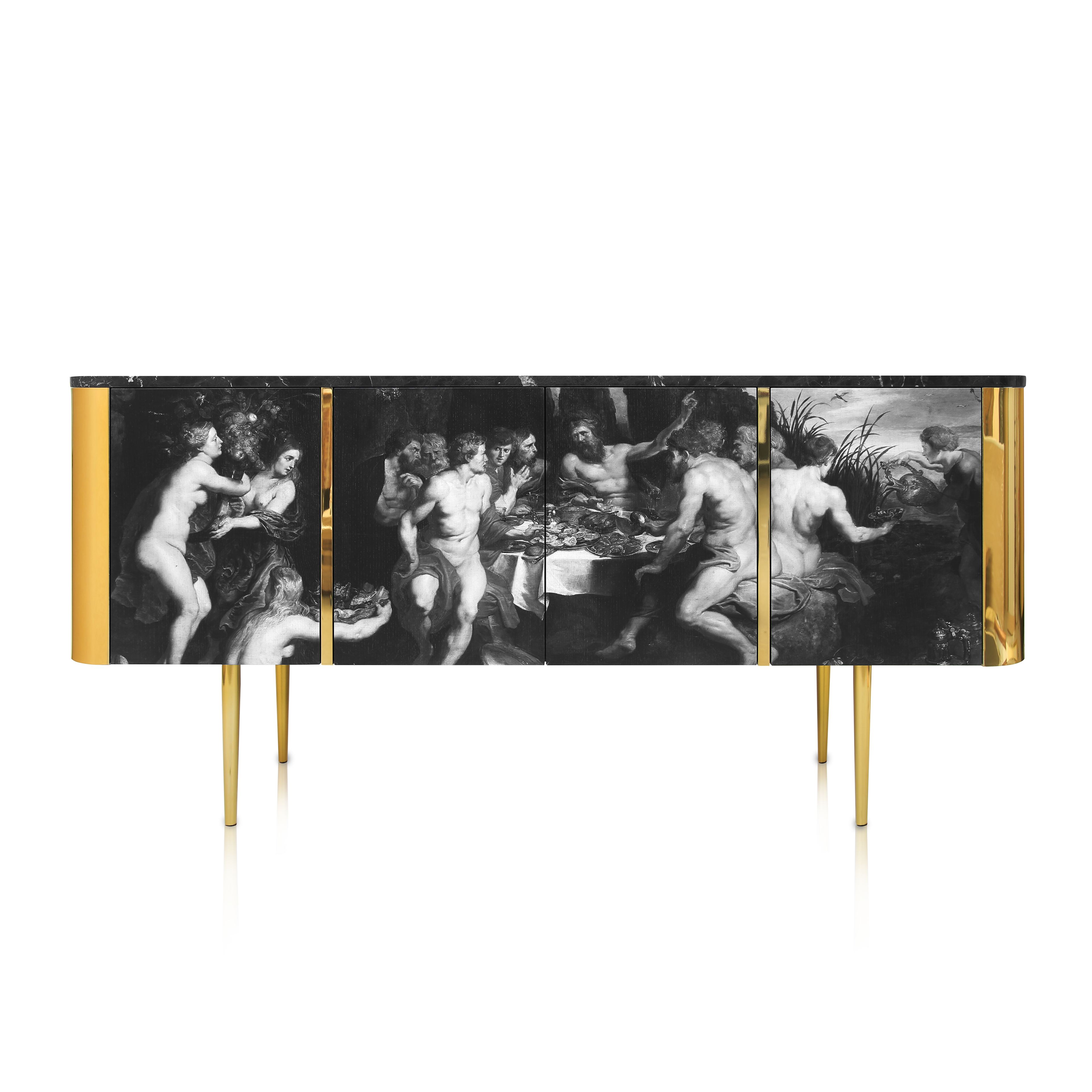 Feast Sideboard with black Nero marble top and polished brass legs by Hekla Property.