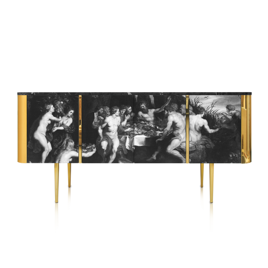 Feast Sideboard with black Nero marble top and polished brass legs by Hekla Property.