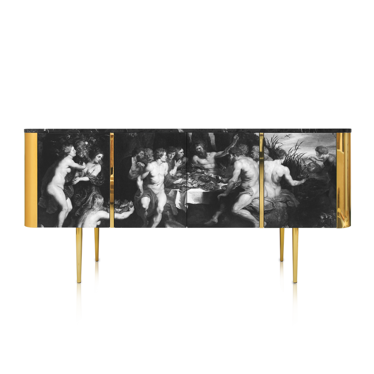 Feast Sideboard with black Nero marble top and polished brass legs by Hekla Property.