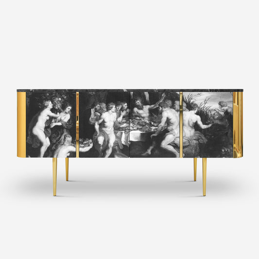 Feast Sideboard with black Nero marble top and polished brass legs by Hekla Property.