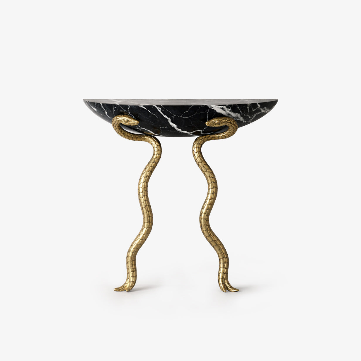 Serpent Console Table in Black Nero marble with liquid metal brass snake legs.