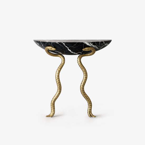 Serpent Console Table in Black Nero marble with liquid metal brass snake legs.