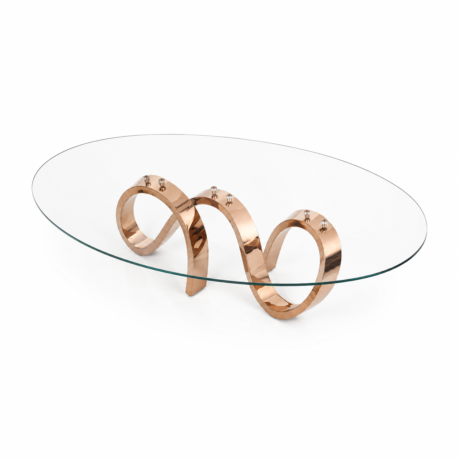 Sculptural Apate Coffee Table featuring a transparent glass top and reflective copper-plated metal legs.
