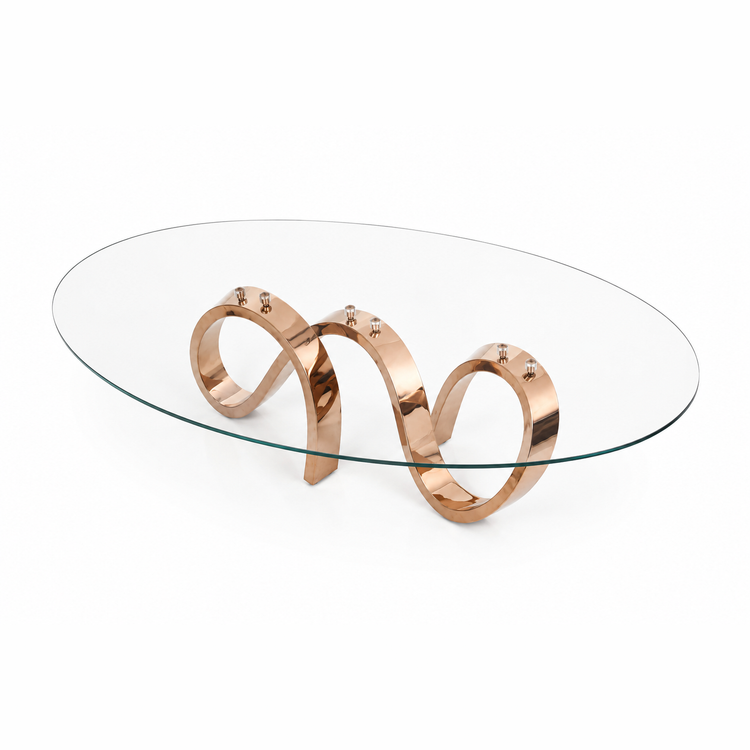 Sculptural Apate Coffee Table featuring a transparent glass top and reflective copper-plated metal legs.