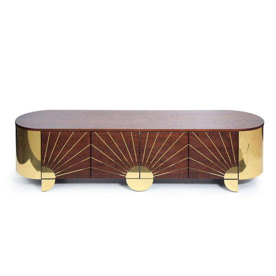 Handcrafted sideboard with curved brass ends and soft-close doors