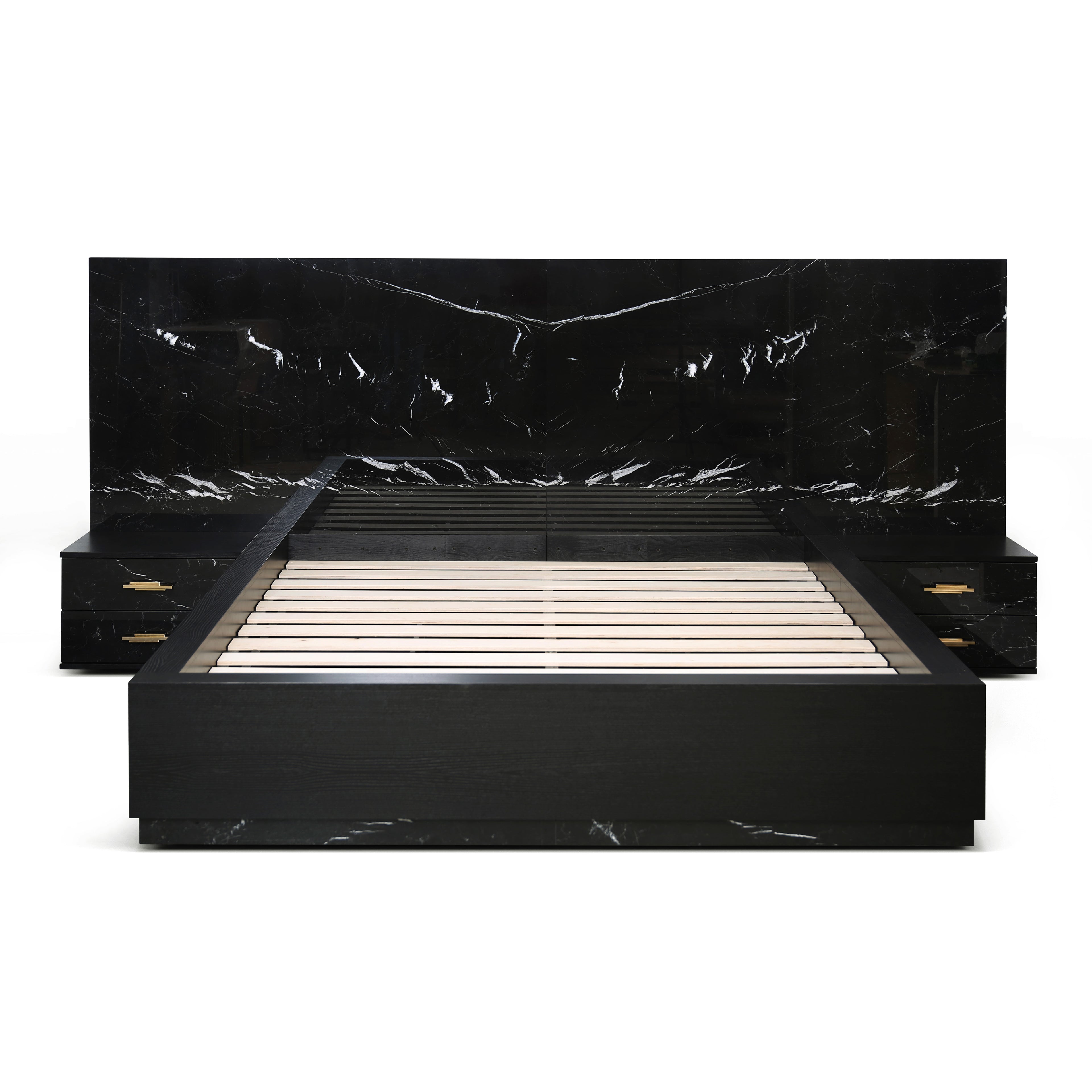 King size designer bed with matching marble nightstands and storage drawers.